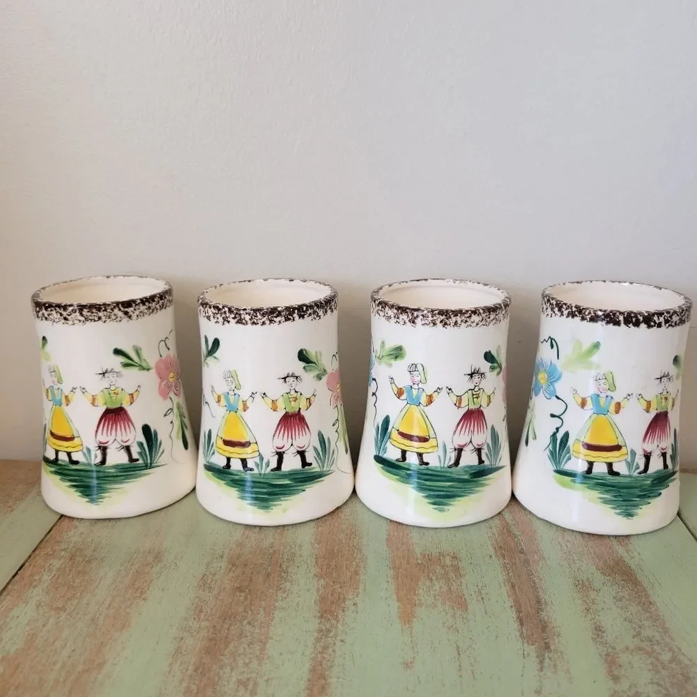 Dutch Folk Art Ceramic Cups • Hand-Painted Japan (Set of 4) 🌸